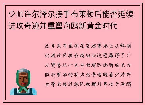 少帅许尔泽尔接手布莱顿后能否延续进攻奇迹并重塑海鸥新黄金时代