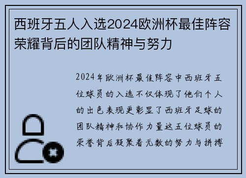 西班牙五人入选2024欧洲杯最佳阵容荣耀背后的团队精神与努力