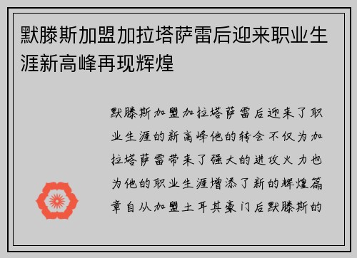 默滕斯加盟加拉塔萨雷后迎来职业生涯新高峰再现辉煌