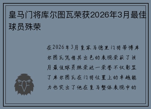 皇马门将库尔图瓦荣获2026年3月最佳球员殊荣 